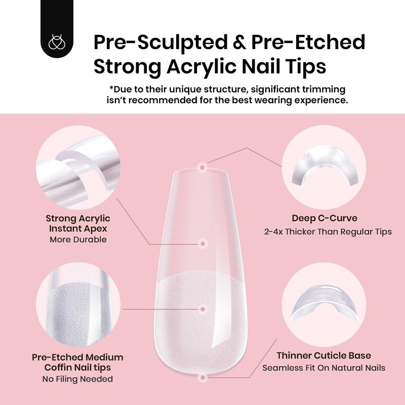 Beetles Tipex Instant Apex Nail Tips, 512Pcs Medium Coffin Pre-Building & Pre-Etched Gel Nail Tips, Thick Strong Half Matte Acrylic Nail, 16 Sizes Press on Nails
