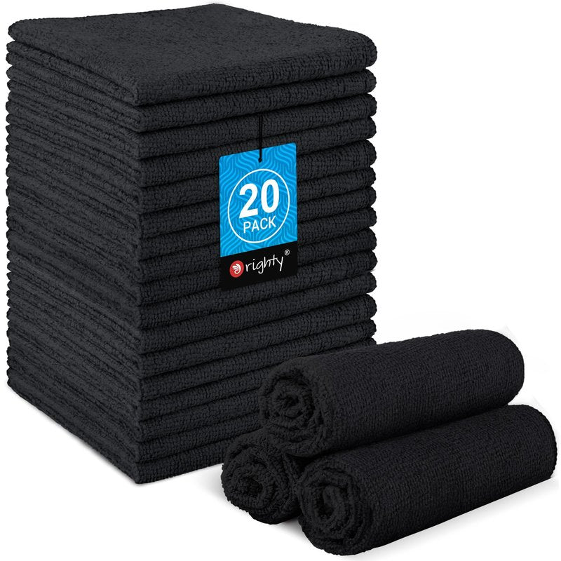 Orighty Microfiber Washcloths 20 Pack – Soft, Quick-Dry Face & Hand Towels for Travel, Gym, Spa, Hotel, 11.5"x11.5", Black