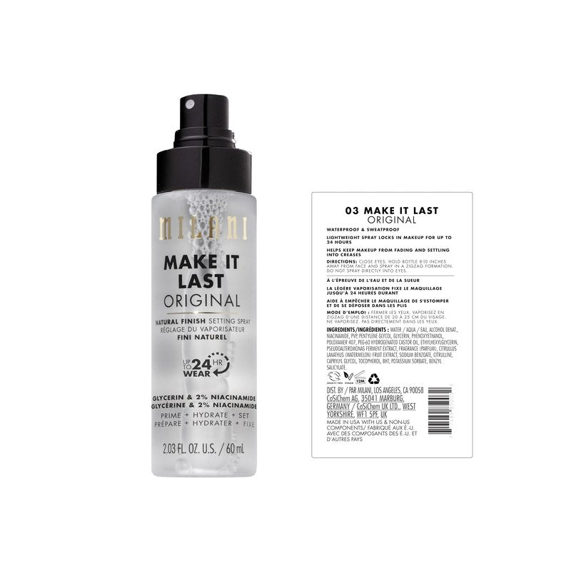 Milani Setting Spray + Primer, Make It Last Original - Natural Finish with Niacinamide for Hydration & Make It Last Matte- Oil Absorbing Charcoal Formula to Control Shine - 2 Pack