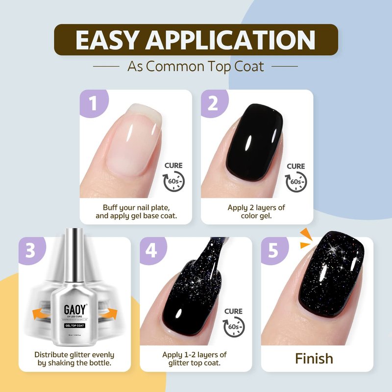 GAOY Glitter Gel Nail Polish - 16ml Silver Iridescent Top Coat for Sparkly Nail Art | No Wipe Soak Off Finish