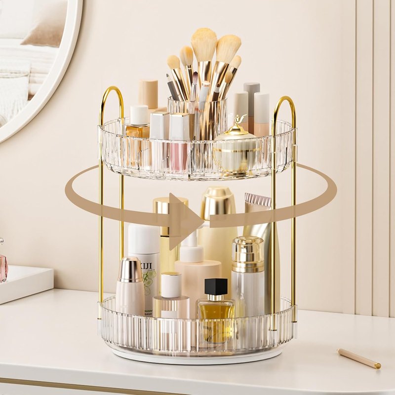 360° Rotating Makeup Organizer - Upgraded 2-Tier Skincare & Perfume Storage | Clear Cosmetic Dresser with Brush Holder