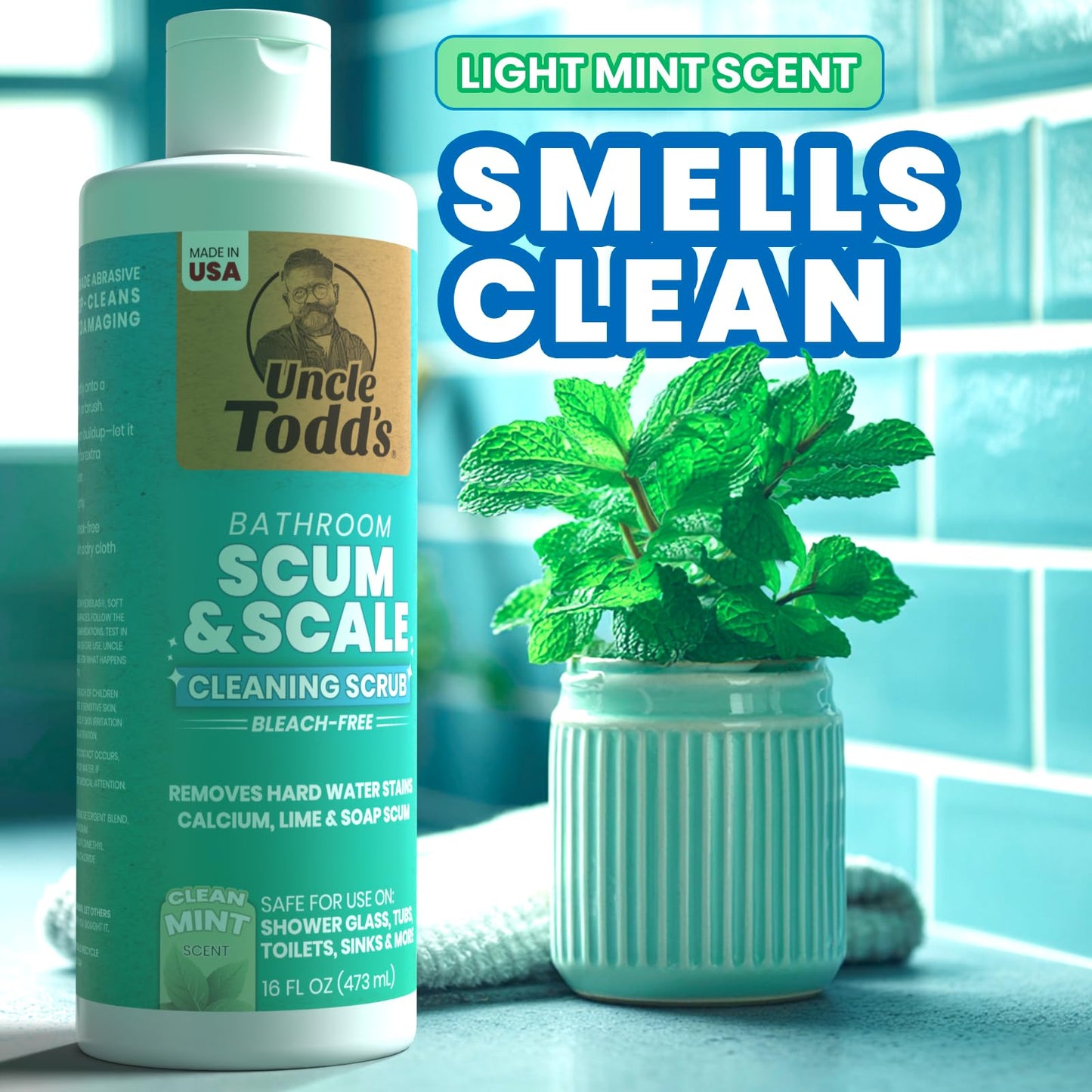 Uncle Todd's 16 oz Heavy Duty Hard Water Stain Remover & Soap Scum Remover for Shower - All Purpose Bathroom Cleaner Works on Glass Doors, Tiles, Bathtub, Toilet & Sink - Bleach-Free Mint Paste