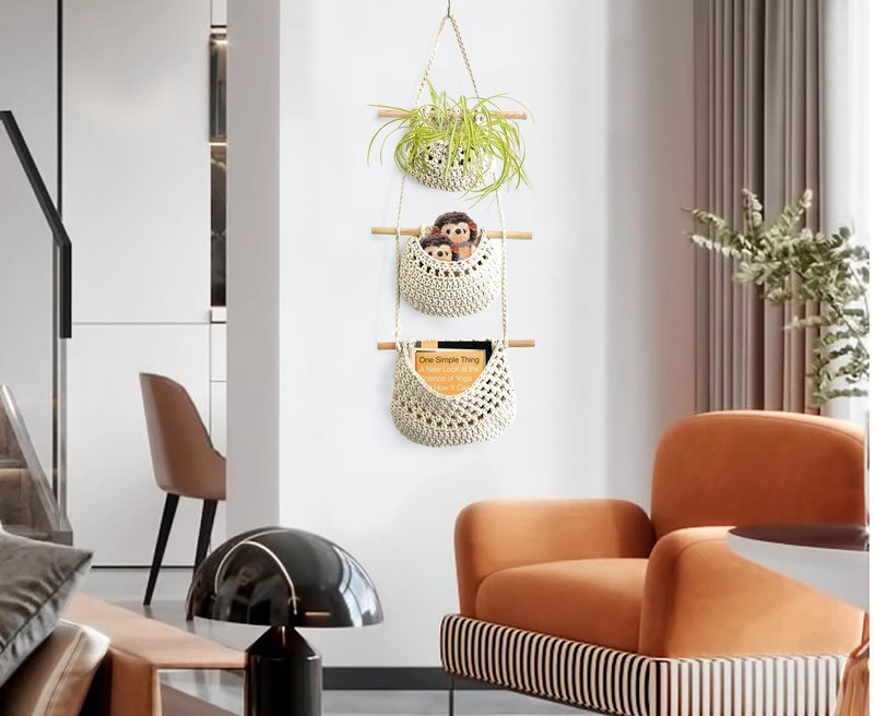 AARAINBOW Wall Cotton Hanging Baskets, Large 3 Tier Decorative Wall Basket, for Nursery, Boho Kitchen Decor - Cotton Rope Fruit basket (White)