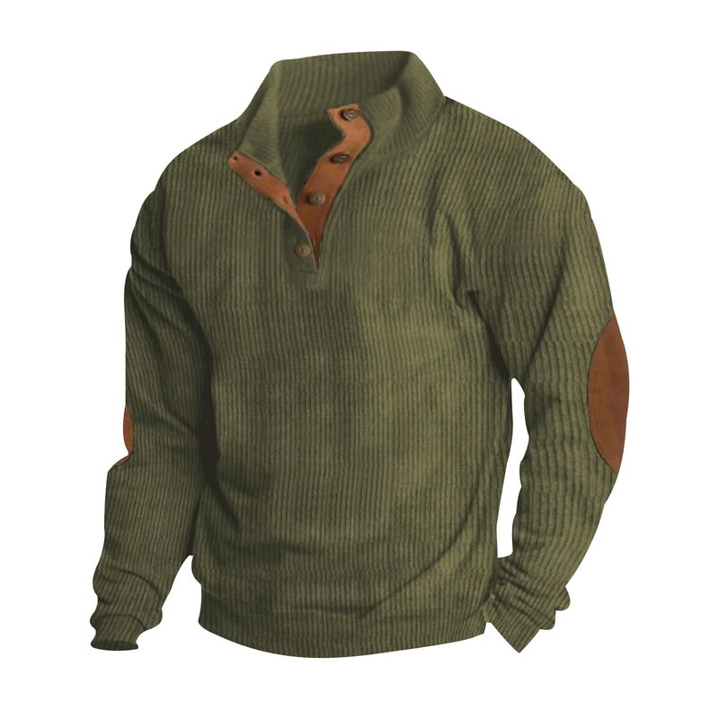 awodent Men's Corduroy Sweatshirt with Elbow Patches Lightweight Button Up Stand Collar Pullover Tops Fall Winter Trendy Long Sleeve Sweatshirts Jacket Army Green 4XL
