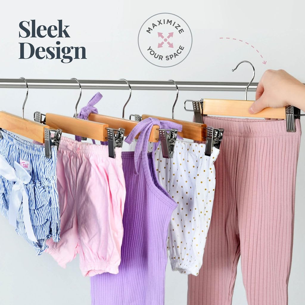 10 Pack Wooden Pants Hangers with Clips - Smooth Finish Solid Wood Skirt Hangers Space Saving - Natural Wood Color - Clip Hanger for Pant, Skirts, Shorts, Tanks, Blankets, and Dresses.