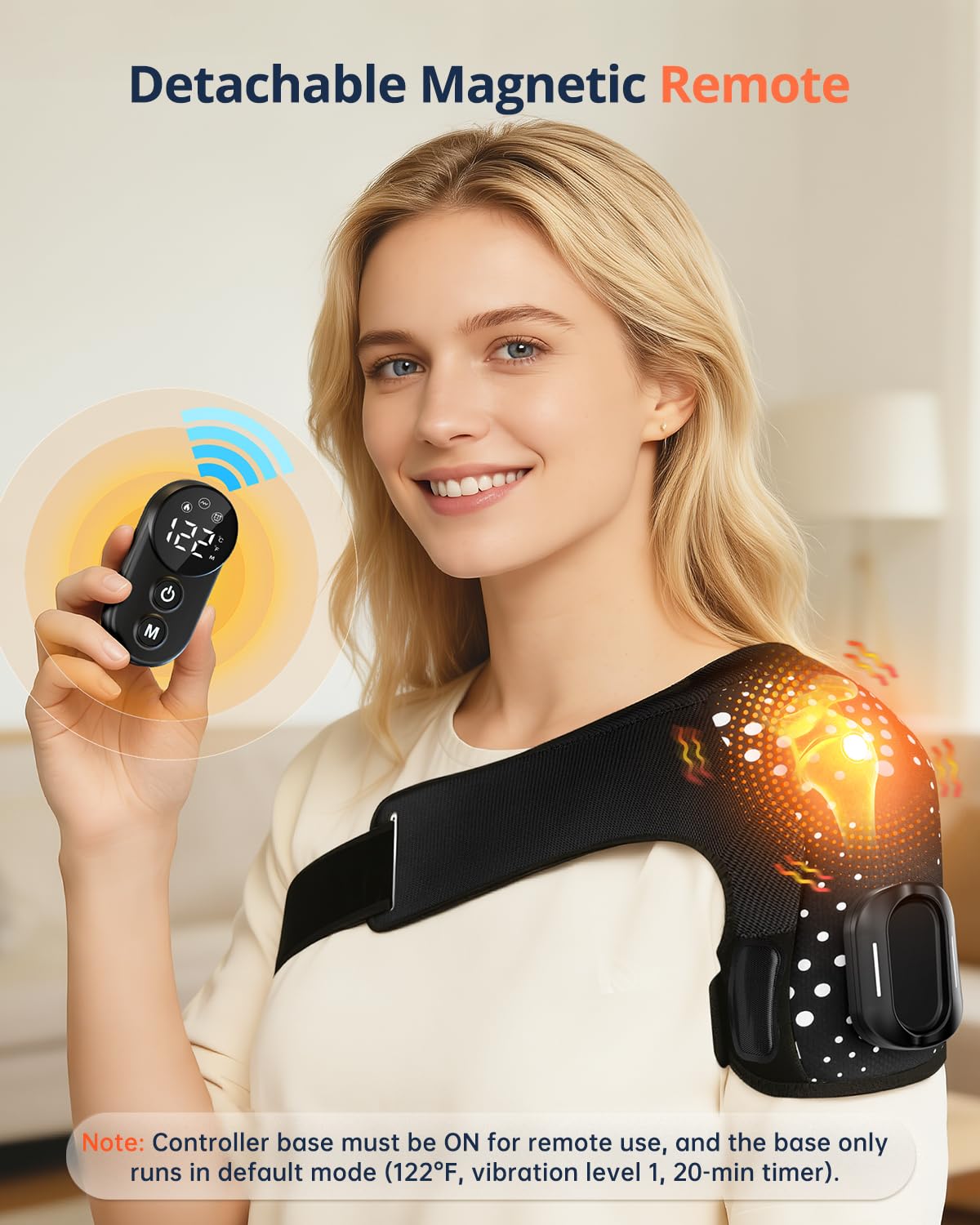 WNH Cordless Shoulder Heating Pad with Massage, Magnetic Detachable Remote Control, 5 Heat & 5 Vibration Modes, 3 Auto Shut-Off Timer, Adjustable Heated Shoulder Wrap for Men Women (Black)