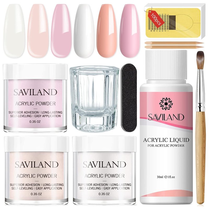 Acrylic Nail Starter Kit - Clear Pink Nude Powder & Liquid, Brush, Files, Forms | Home Practice Set