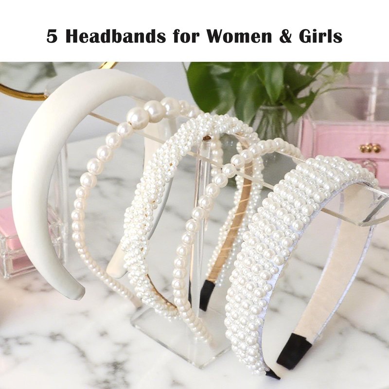 Miskate 5 PCS Pearl Headbands for Women, White Pearl Hair Accessories, Non-Slip Wedding Party Everyday Wear