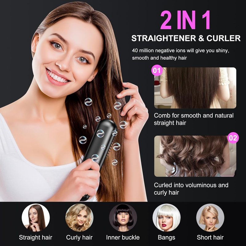 Go Brush Pro Cordless Hair Straightener Brush - Portable Rechargeable Ceramic Styling Brush with 4 Adjustable Heat Modes & LED Display, Perfect for Travel & Everyday Use (Black)