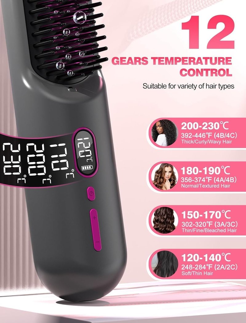 Cordless Hair Straightener Brush - Go Brush Pro for Short Hair | Travel-Friendly, 30s Fast Heat, 12 Temp Settings, Grey