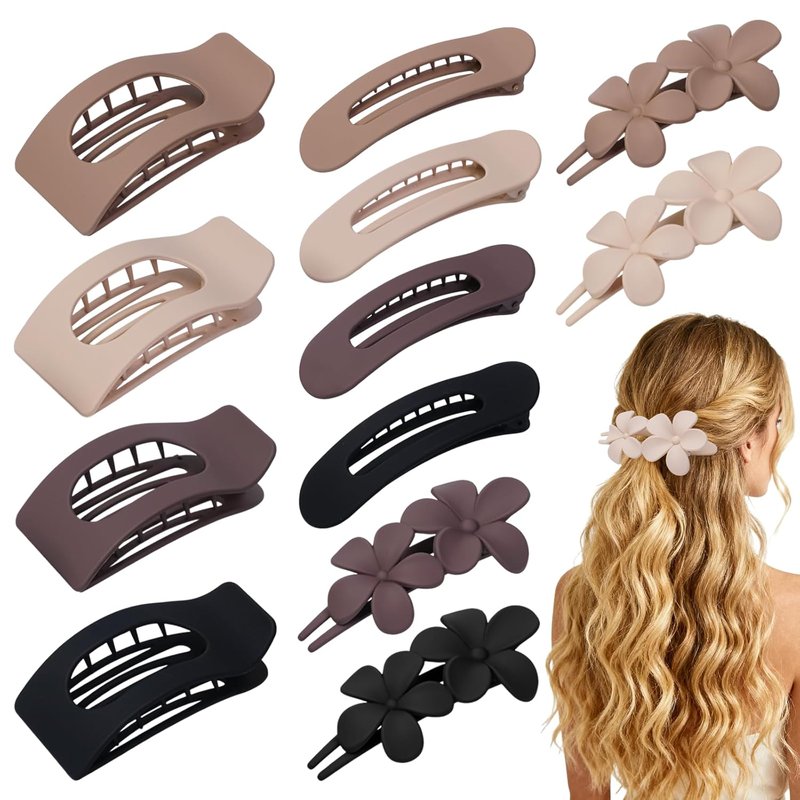Flat Hair Clips for Women - 12 Pack Matte Neutral Square Claw Clips | Soft Touch Barrettes & Flower Pins in Black, Blonde, Brown