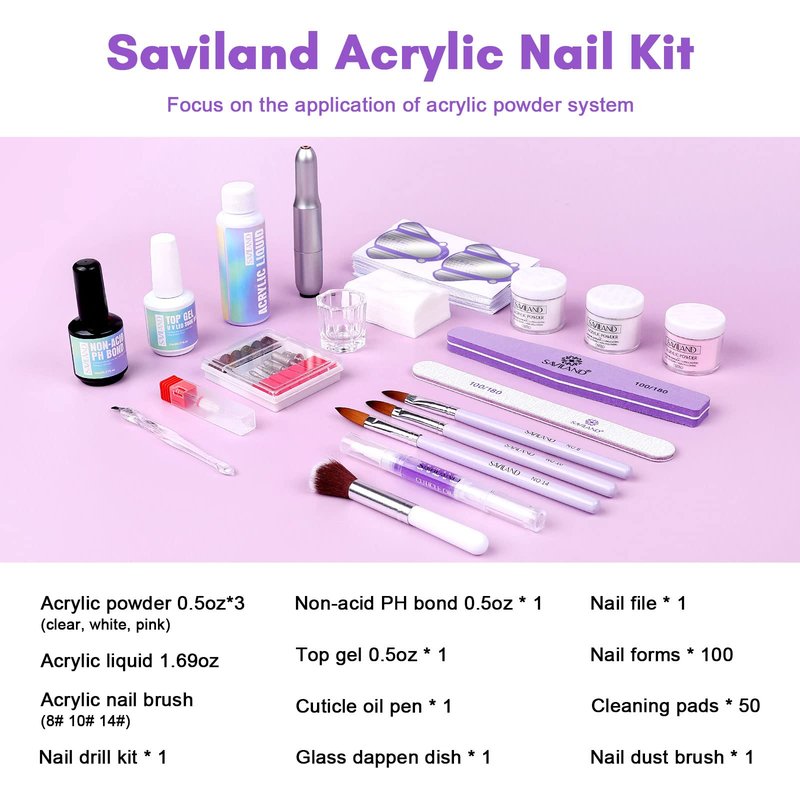 Saviland Acrylic Nail Kit with Drill - Clear/White/Pink Acrylic Powder and Liquid Set with Acrylic Nail Brush Nail Drill Non-acid PH Bond Top Gel Basic Nail Tools for Nail Starters DIY French Manicure