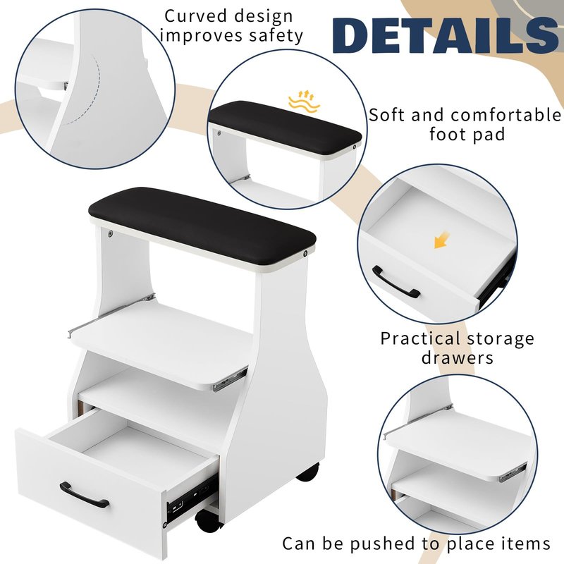 Geelin Portable Pedicure Foot Rest Stool with 4 Locking Wheel, Mobile Foot Bath Spa Trolley Cart for Nail Techs & Home Salon, Comfortable Footrest, Black