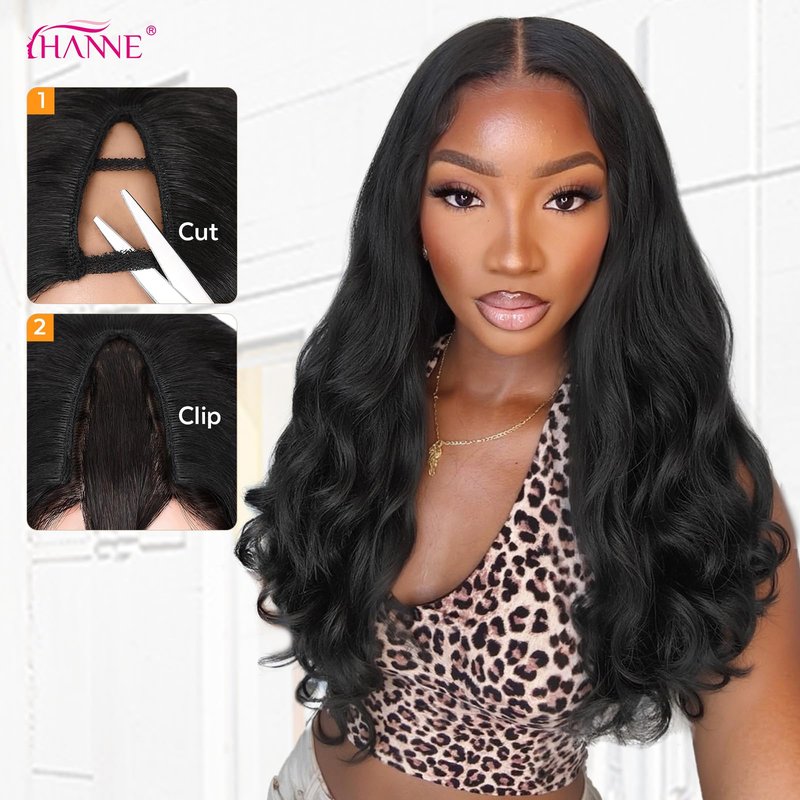 HANNE Yaki Curly V Part Wig U Part Synthetic Half Wigs for Black Women 22 Inch Heat-Resistant Hair Replacement Wig (Natural Black)