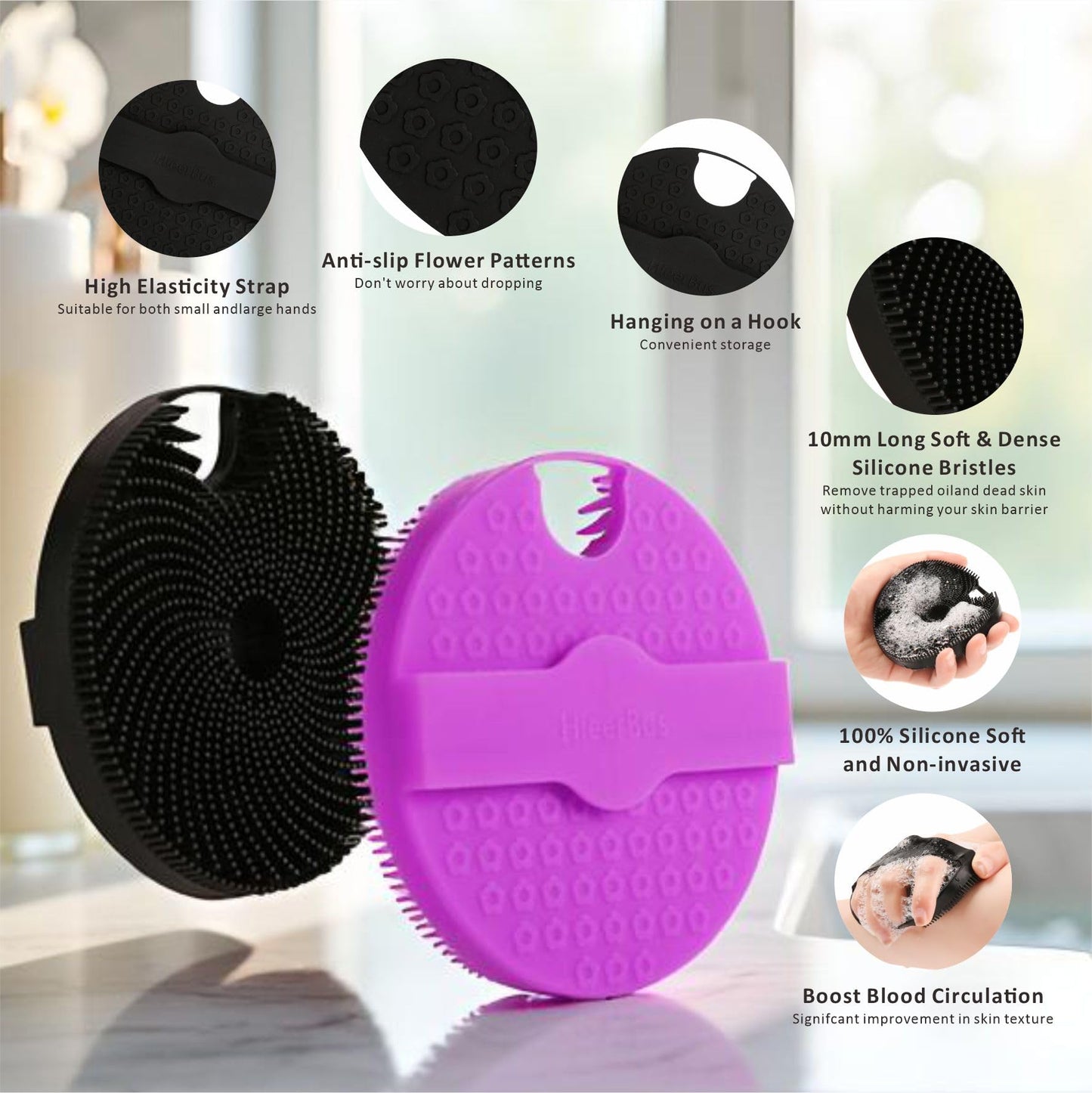 Silicone Body Scrubber, Super Exfoliating Body Scrubber in Shower Silicone Loofah with Easily Lather Bristles, Long Lasting, and More Hygienic Than Traditional Shower Loofah,1 Pack, Black