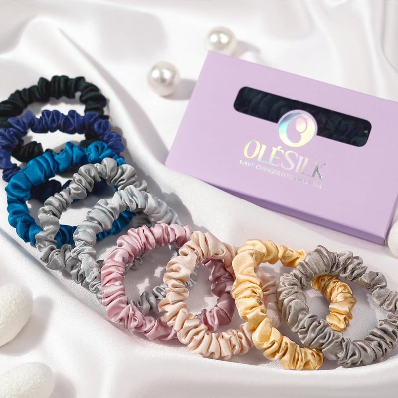 OLESILK Silk Hair Ties - 100% Mulberry Silk Scrunchies | No Damage, No Crease, 3 Pack in Black