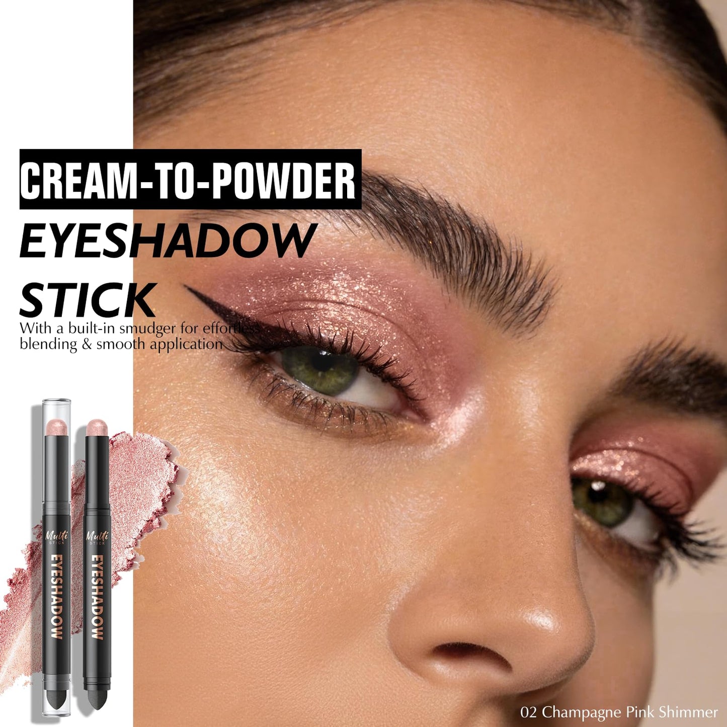 Wugbc Dual-Ended Champagne Pink Eyeshadow Stick - Long-Lasting Cream Shimmer Eye Shadow Stick Crease-Proof Metallic Eyeshadow Pencil, Easily Blendable Multi-Use Eye Highlighter Makeup 02