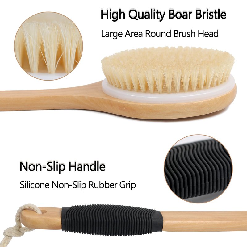 OWIIZI Round Head Back Scrub Brush for Body Shower, Wooden Long Handle Bristles Tub Soaping Bath Brushes, Skin Exfoliator Scrubber Brush for Men Women Elderly Wet or Dry Use