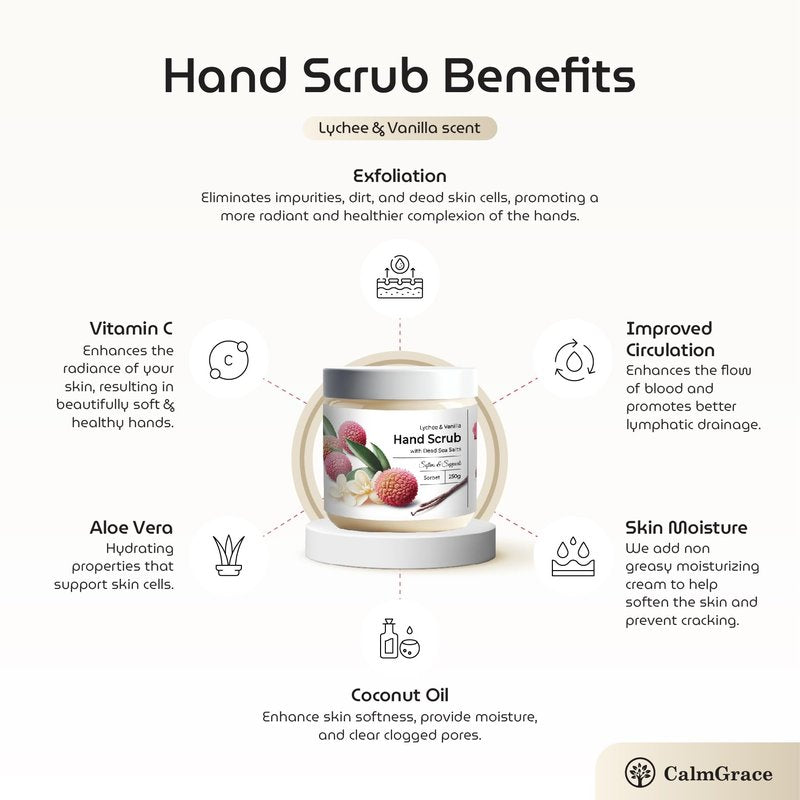 CalmGrace Exfoliating Hand Scrub with Dead Sea Salts, Lychee & Vanilla Scent | Hand Scrub Exfoliator in Sorbet Texture, Body Care Moisturizer | Fortified with Aloe Vera, Coconut Oil, Vitamin C