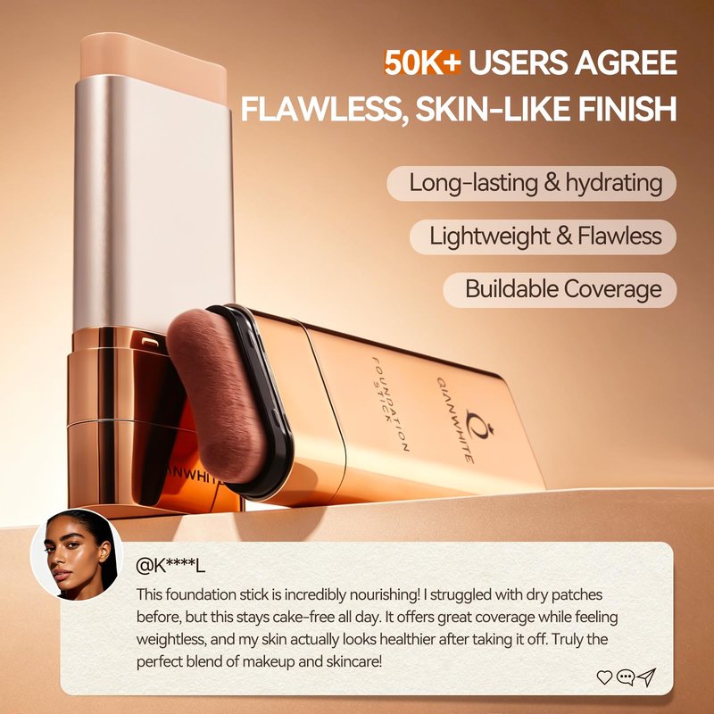 QIANWHITE Korean Foundation Stick Foundation for Mature Skin Tint, Buildable Light to Medium Coverage Foundation Makeup Concealer, Dual-Ended with Brush for All Skin -Natural Dewy Finish (BROWN)