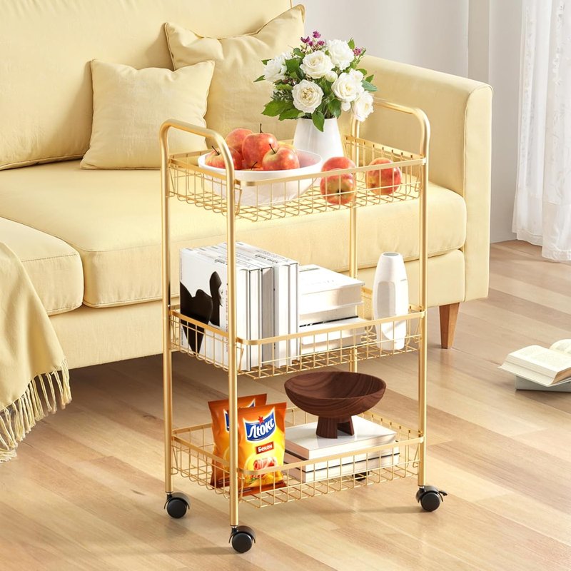 3 Tier Rolling Utility Cart - Versatile Storage Trolley with Wheels for Kitchen, Office & Salon | Gold Finish