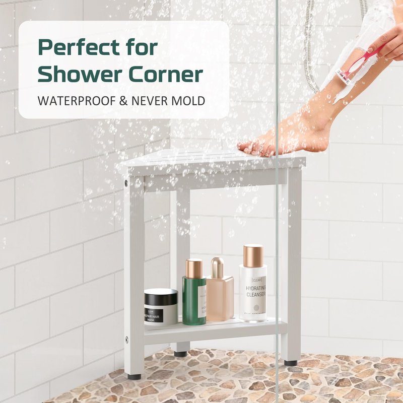 Shower Foot Rest 14in, HDPE Waterproof Shower Stool for Inside Shower, Corner Shower Stool for Shaving Legs with Storage Shelf, Shower Step Stool for Small Space, Plastic Corner Shower Bench, White