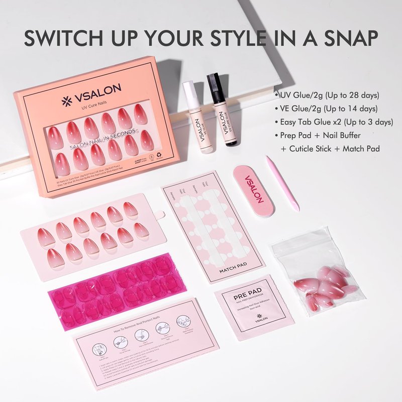 Press On Nails Short Almond | Pink Cat Eye Ombre Fake Nails Kit - 32 Pcs, UV Curable & Reusable