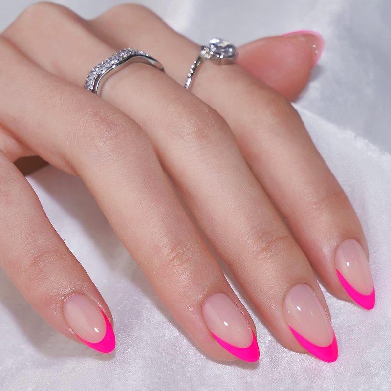 BTArtbox French Tip Press On Nails - Hot Pink Almond Shape | 32 Soft Gel Fake Nails Kit in 16 Sizes