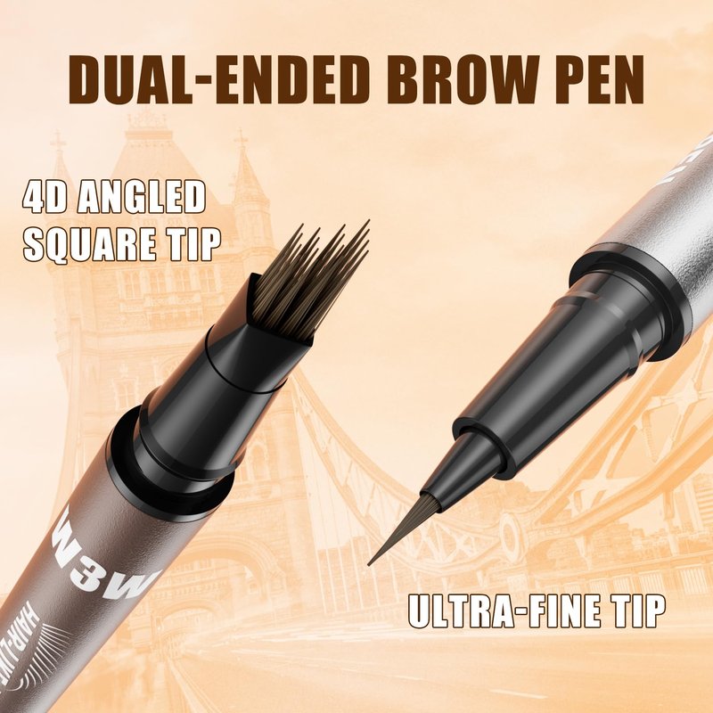 Eyebrow Pencils for Women, W3W 4D Dual-Ended Brow Pen, Angled Square Tip + Ultra-Fine Brush Tip, Waterproof Smudge-Proof, Natural Hair-Like Strokes, Dark Brown (Brunette)