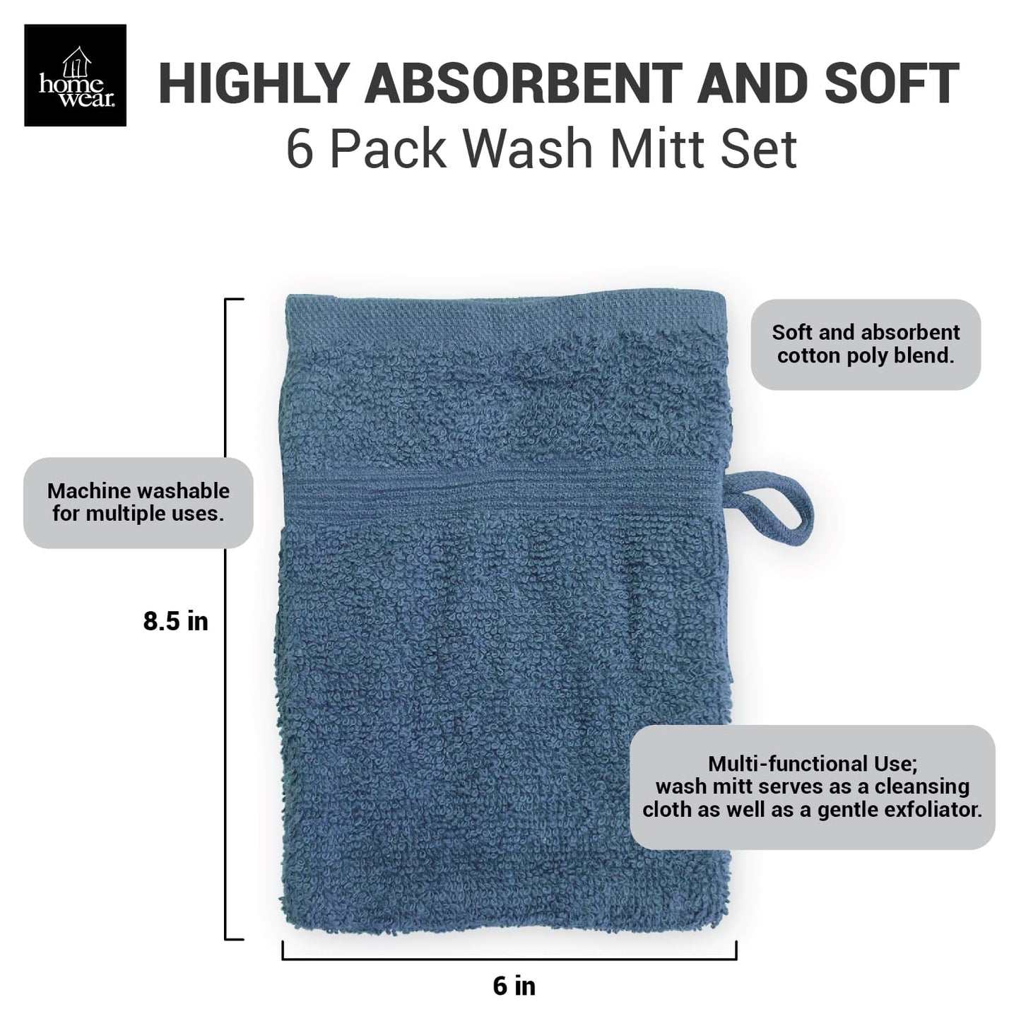 Homewear High Rise Stripe 6 Pack 6 x 8.5 Wash Mitt Set, Low Twist, Highly Absorbent, Gentle Hand and Face Cloth, European Style with Loop, Indigo