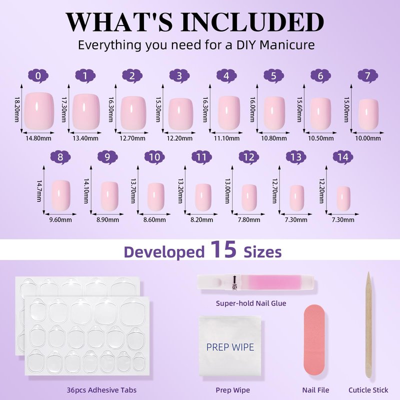 Pink Press On Nails Short Square - Solid Light Pink Glossy Fake Nails with Glue and Adhesive Tabs for Women, Reusable Press On Nail Kit, 30 PCS in 15 Sizes