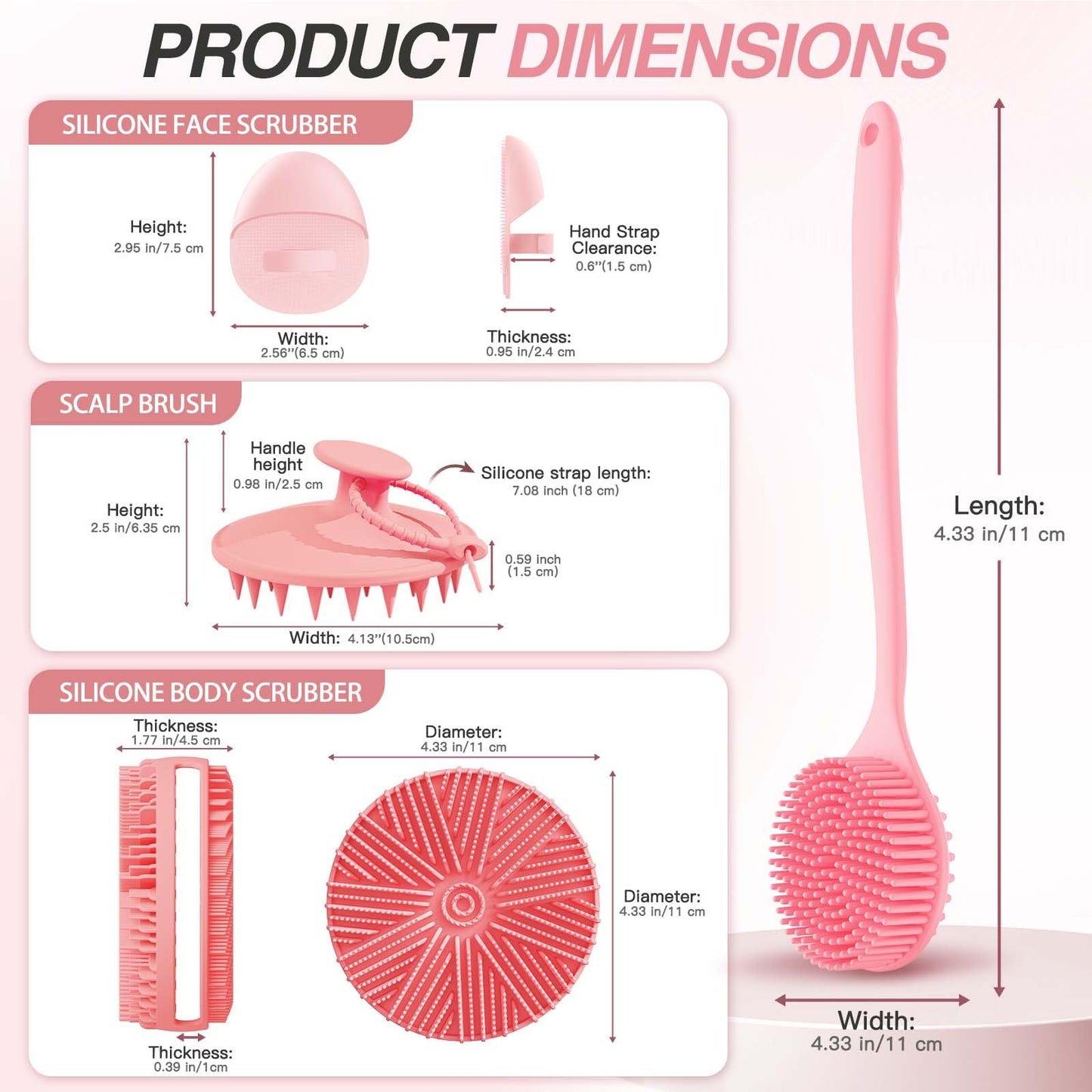 Manmihealth Rabbit-Shaped Silicone Foot Brush Mat for Shower with Non-Slip Suction Cups, Silicone Back Scrubber with Long-Handle, Shower Face Body Scrubber, Scalp Massager, Bath Sponge Net Set (Pink)