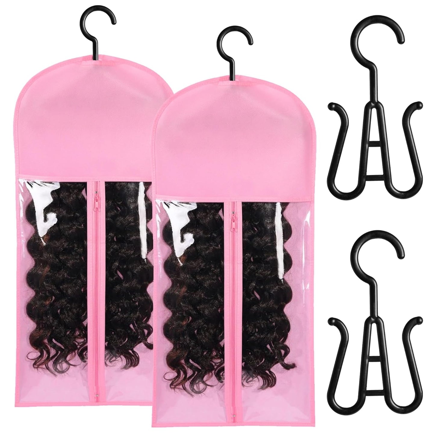 Wig Storage Bags - 2PCS Portable Wig Holders with Hanger | Organizer for Multiple Wigs & Hair Extensions (Pink)