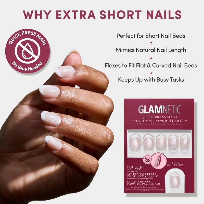 Glamnetic Quick Press Mani - No Glue Press On Nails, Just Peel and Stick, Round Extra Short Nails, Mess Free, Salon Quality Stick On Nails, Velvet French | in 15 Sizes - 30 Nail Kit