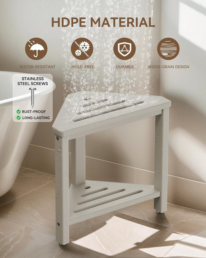 Shower Foot Rest 15in, HDPE Waterproof Shower Stool for Inside Shower, Corner Shower Stool for Shaving Legs with Storage Shelf for Small Space, Shower Step Stool, Plastic Corner Shower Bench, Beige