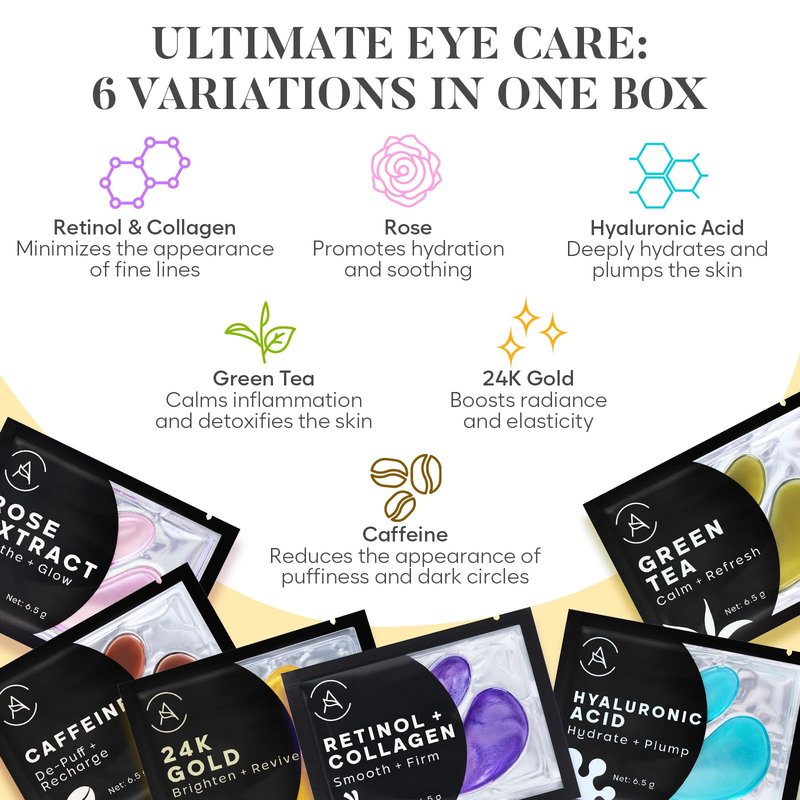 AURAE Variety Under Eye Patches (30 Pairs) - Eye Mask for Dark Circles, Puffiness & Care - Hyaluronic Acid, Green Tea, Rose, 24K Gold, Retinol & Collagen