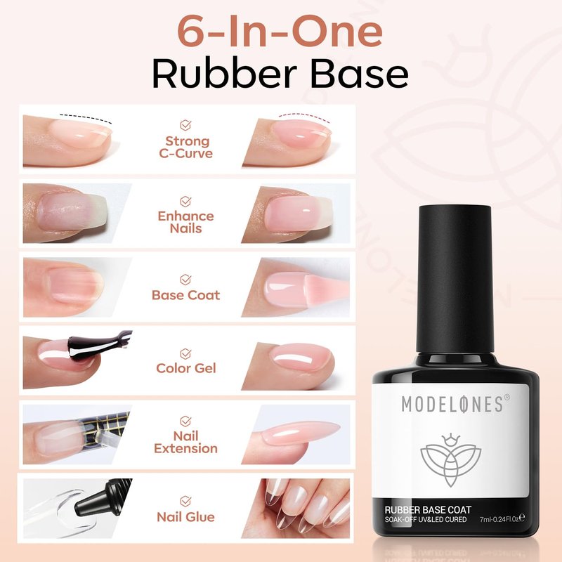 modelones Rubber Base Builder Nail Gel Polish, 6 French Tip Base Color Nude White Baby Milky Pink Strengthener Apex Building Extension Protect Weak Nails Long Last U V Manicure Gift for Women
