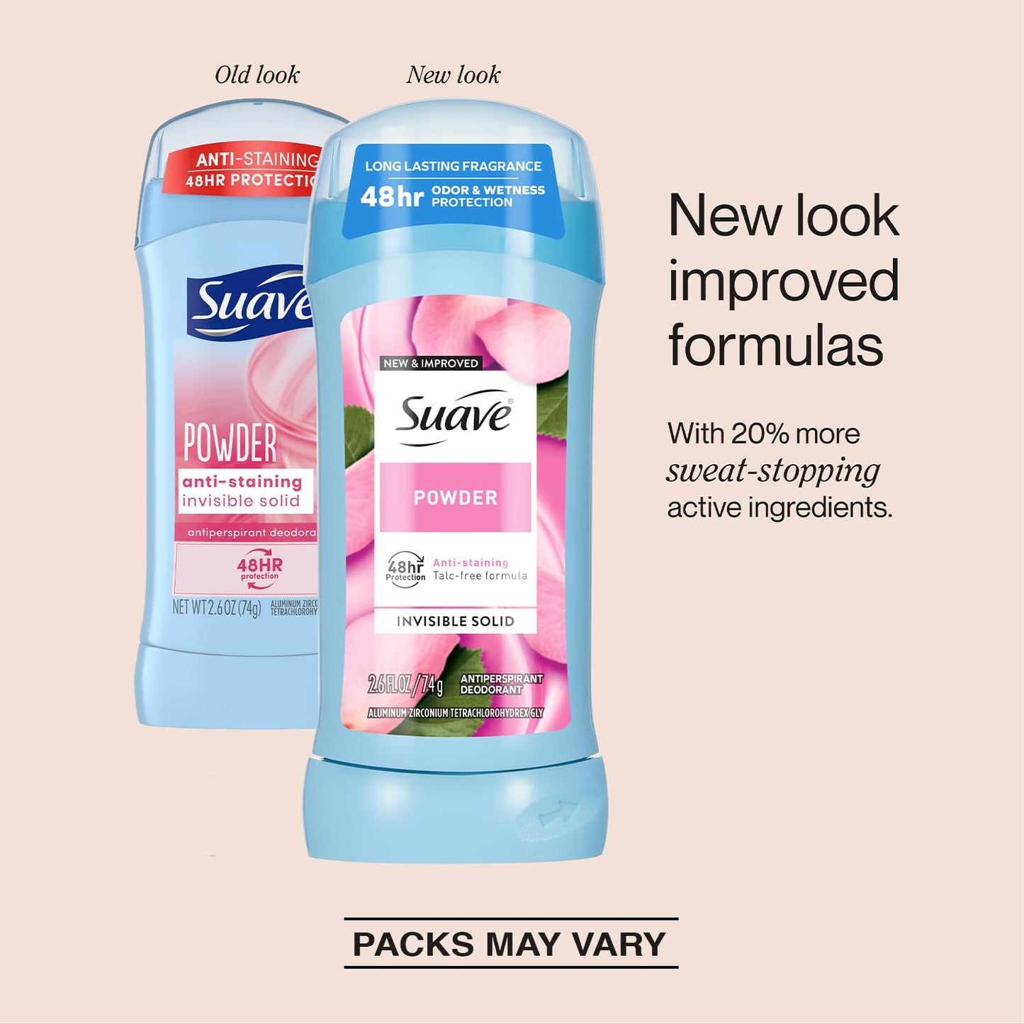 Suave Antiperspirant Deodorant for Women, Powder, 4-Pack – Anti-Staining Invisible Solid, Talc-Free, 2.6 Oz Ea