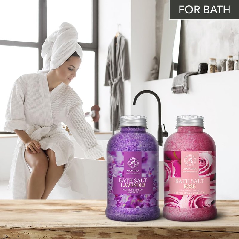Bath Sea Salt Set 2х21.16Oz - Lavander & Rose - Lavender Essential Oil - Natural Rosewood Oil & Rose Extract - Aromatherapy - Relaxing - Body Care - Beauty