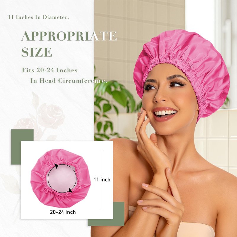 Reusable Shower Cap for Women, Large Waterproof Shower Bonnet with Elastic Band, Washable Bath Hair Cap for Long, Curly Hair, Braids, Daily Shower, Home Spa, Travel(Rose Red)