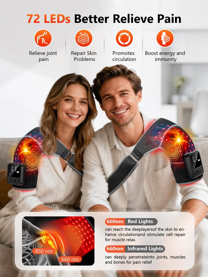 Red Light Therapy for Shoulder with Heat & Massage 5000mAh Cordless Near-Infrared Light Therapy Wrap, 216 Beads 660nm & 850nm Shoulder Brace for Men Women Portable Pad Last 90-380mins