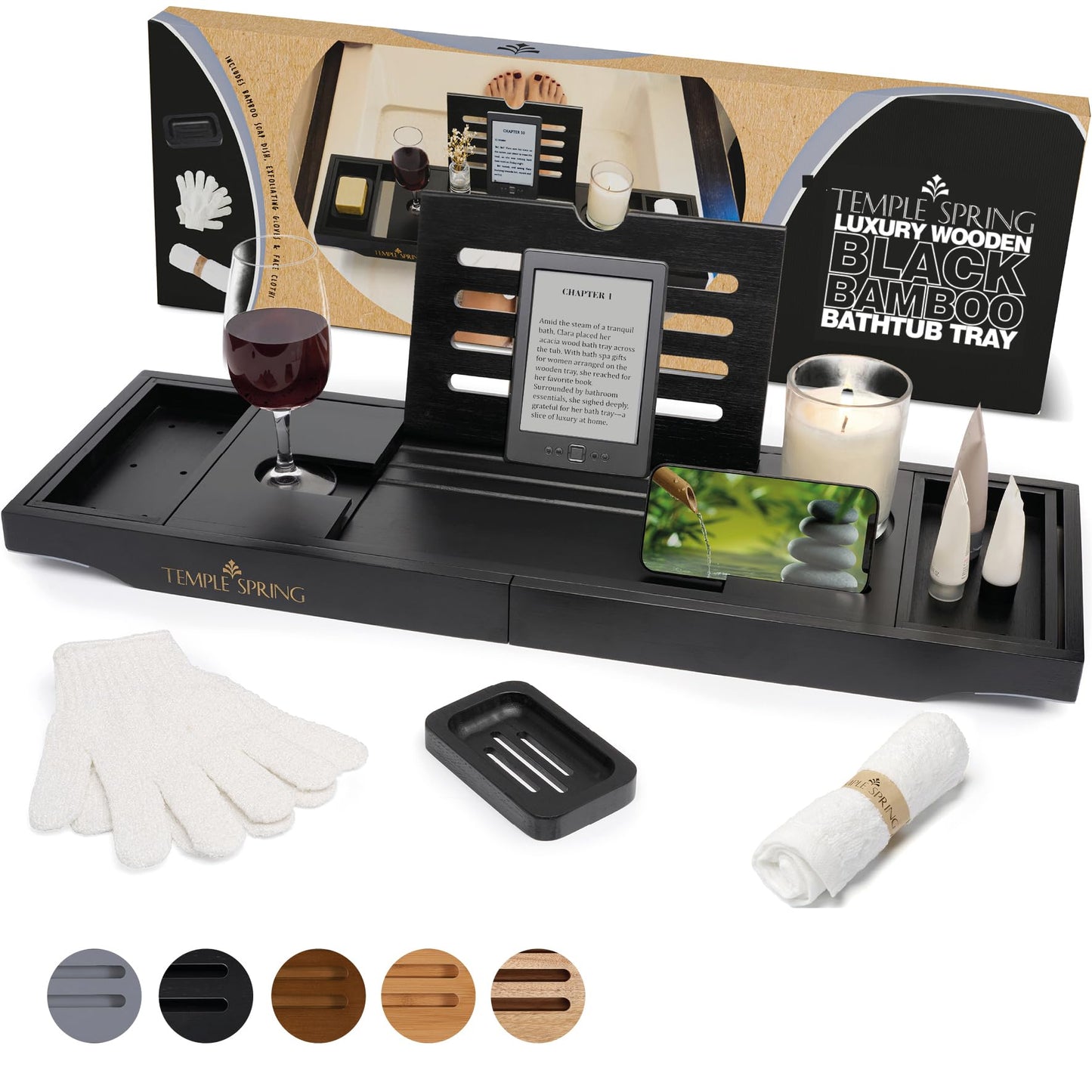 Temple Spring Bamboo Bathtub Tray Caddy for Tub — Expandable Wood Bath Tray with Solid Book Stand Wine Holder and Non-Slip Pads — Includes Bamboo Soap Dish and Spa Accessories — Luxury Bath Gift Set