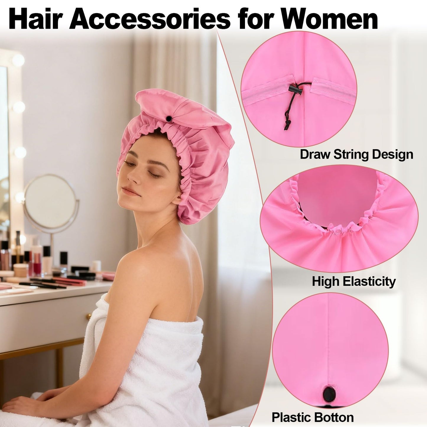 ELEBOX Extra Large Shower Cap for Braids/Curly Hair/Dreadlock | Reusable Waterproof Long Bonnets for Women Bath/Swim/Cooking/Cleaning/Spa | XL Bathing Cap with Adjustable Drawstring & Button, Pink