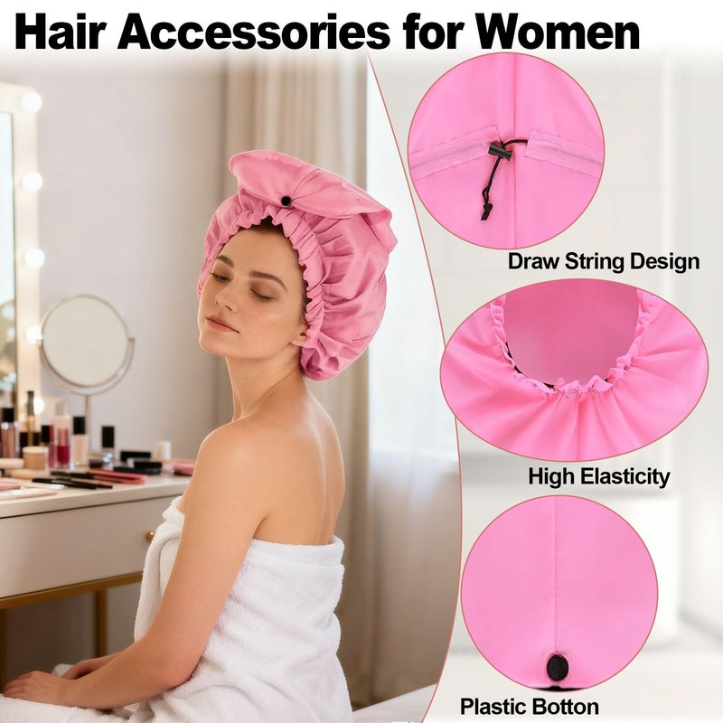 ELEBOX 2 Pack Extra Large Shower Cap for Braids/Curly Hair/Dreadlock，Reusable Waterproof Long Bonnets for Women, Bathing Cap With Drawstring & Button, Black+Pink