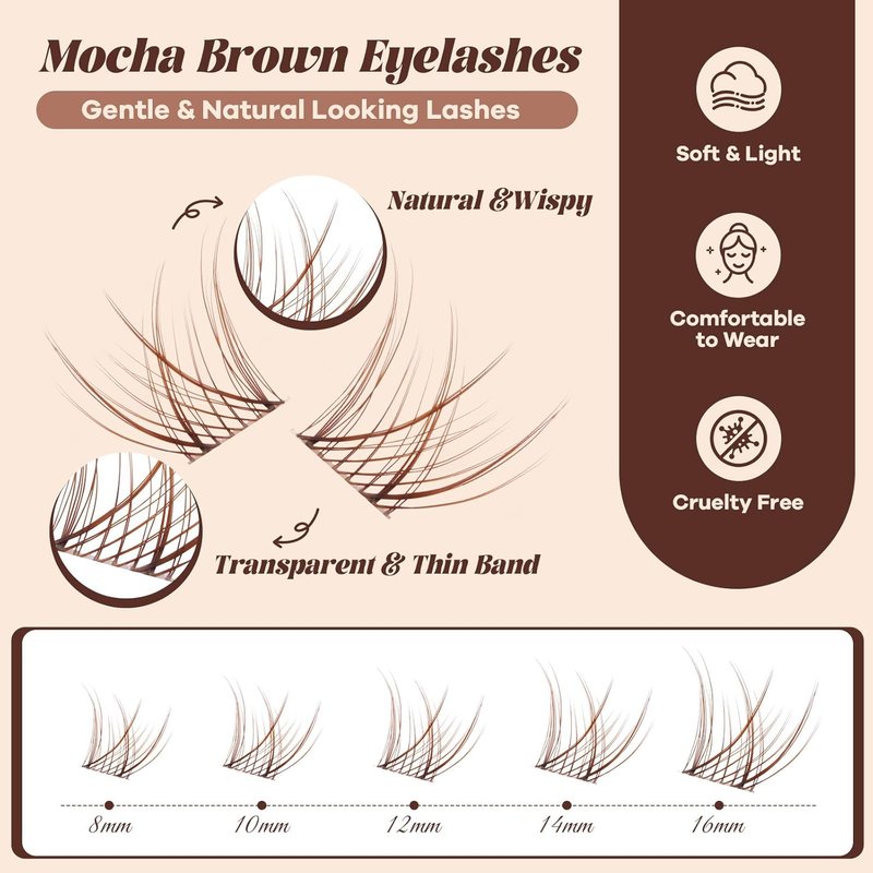 Brown Lash Clusters Kit - C-Curl Eyelash Extensions 8-16mm | Natural Wispy Clusters for Fair/Dark Hair