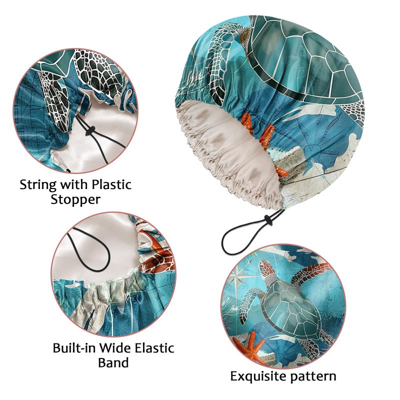 Cabreche Luxury Shower Cap Satin Silk Lined Adjustable Elastic Reusable Waterproof Shower Bath Cap Cute for Women Girls-Sea Turtle