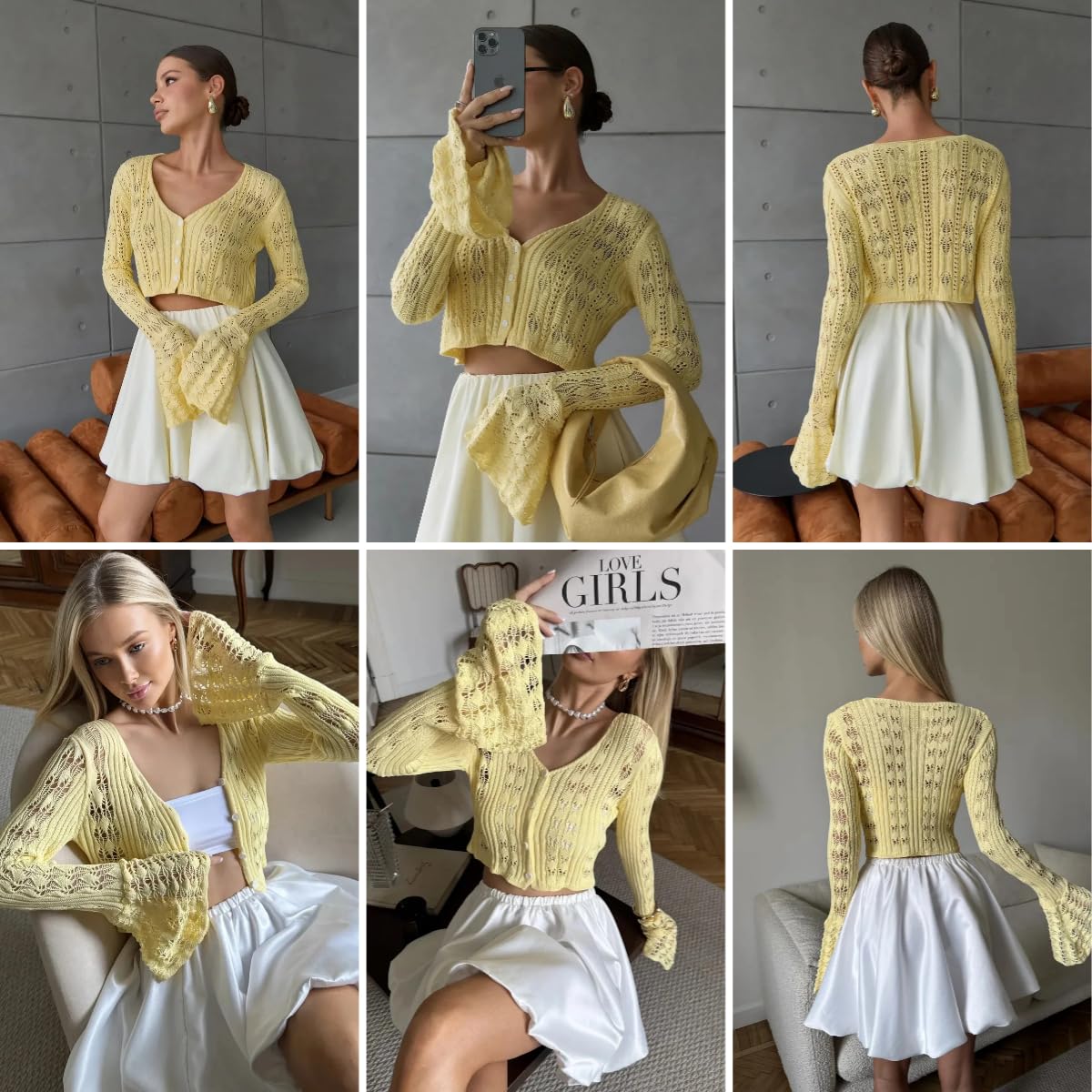 Women's Knit Long Sleeve Cardigan Sexy Hollow Out V Neck Bodycon Crop Tops See Through Casual Short Sweater Outwear Yellow