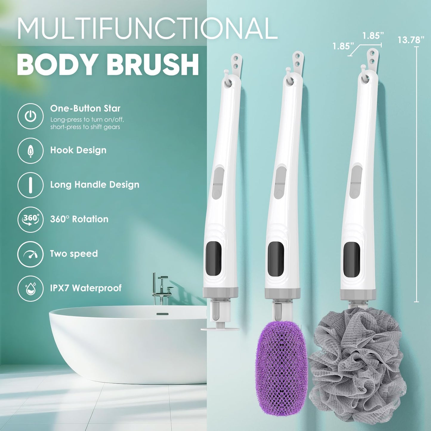 Electric Body Brush Back Scrubber for Shower, Waterproof Long Handle Power Body Scrubber with 3 Heads & 2 Speeds, Rechargeable Bath Brush for Cleansing, Exfoliating, Massaging and Foot Callus Remover