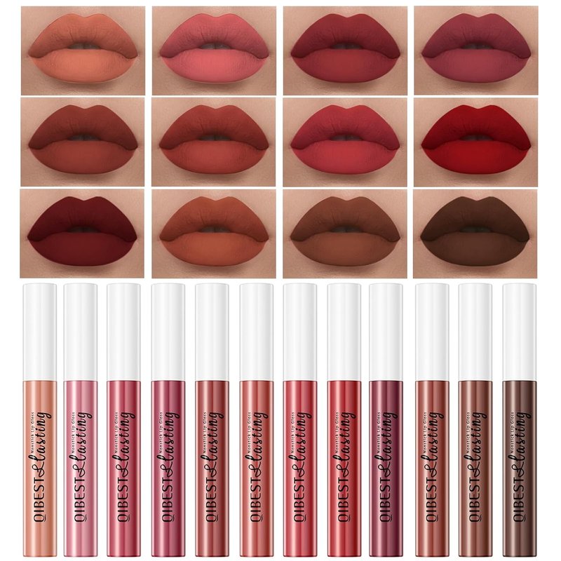 12Pcs Velvet Matte Liquid Lipstick Set - Waterproof Long-Lasting Nudes & Burgundy Shades | Perfect Gift for Women & Teens