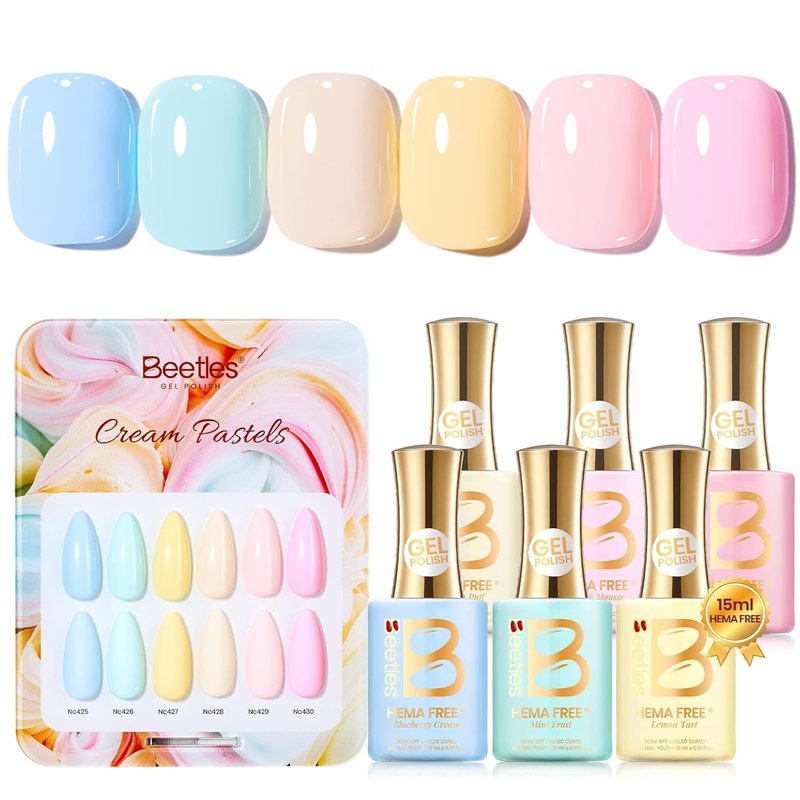 Beetles Pastel Gel Polish Set | HEMA-Free 6-Color Collection - 15ML Salon-Quality Soak Off UV Gel